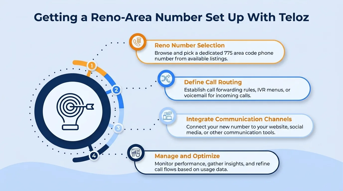 Getting a Reno-area number set up with Teloz — Reno number selection, define call routing, integrate communication channels, and manage and optimize
