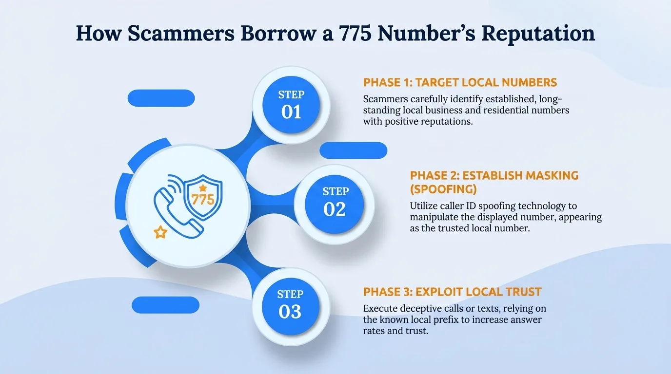 How scammers borrow a 775 number's reputation — phase 1 target local numbers, phase 2 establish masking through spoofing, and phase 3 exploit local trust