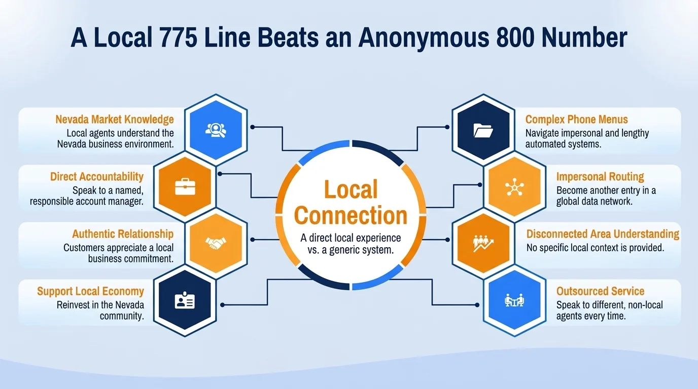A local 775 line beats an anonymous 800 number — Nevada market knowledge, direct accountability, authentic relationship, and support local economy versus complex phone menus, impersonal routing, disconnected area understanding, and outsourced service