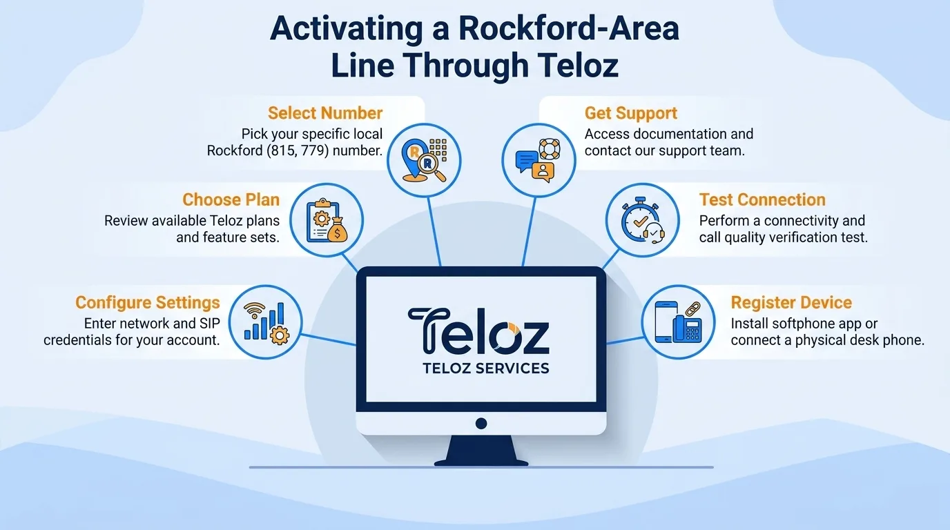 Activating a Rockford-area line through Teloz — select number, choose plan, configure settings, get support, test connection, and register device