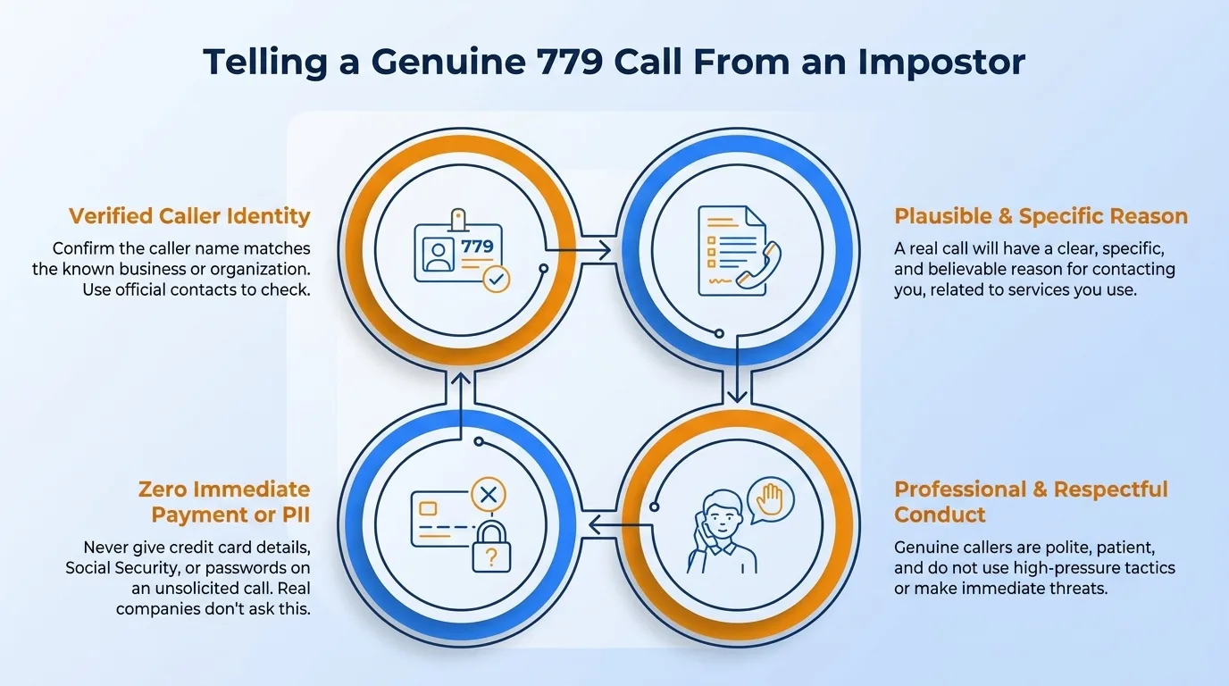 Telling a genuine 779 call from an impostor — verified caller identity, plausible and specific reason, professional and respectful conduct, and zero immediate payment or PII