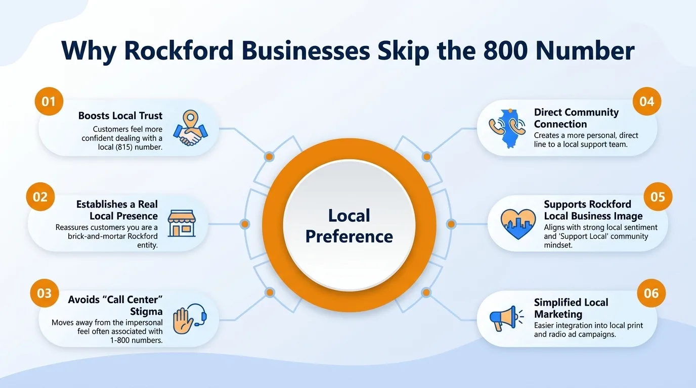 Why Rockford businesses skip the 800 number — boosts local trust, establishes a real local presence, avoids call center stigma, direct community connection, supports Rockford local business image, and simplified local marketing