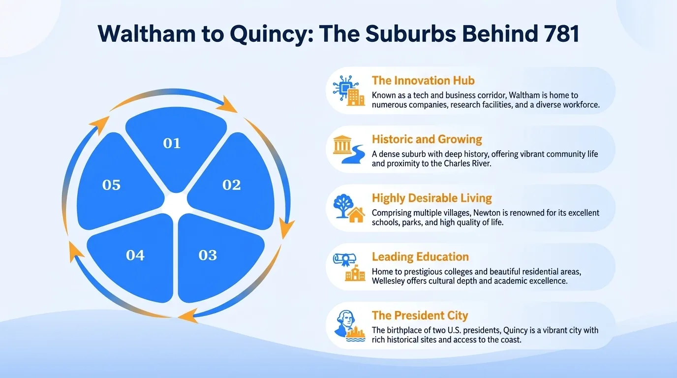 Waltham to Quincy: the suburbs behind 781 — Waltham the innovation hub, historic and growing, Newton's highly desirable living, Wellesley's leading education, and Quincy the president city