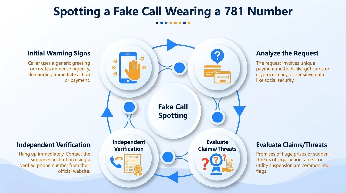 Spotting a fake call wearing a 781 number — initial warning signs, analyze the request, evaluate claims and threats, and independent verification