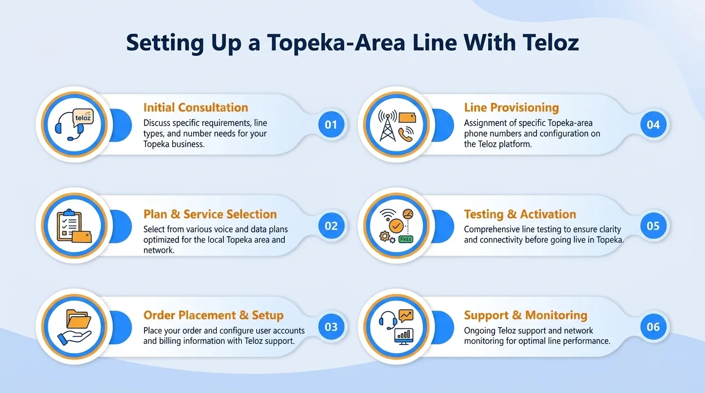 Setting up a Topeka-area line with Teloz — initial consultation, plan and service selection, order placement and setup, line provisioning, testing and activation, and support and monitoring