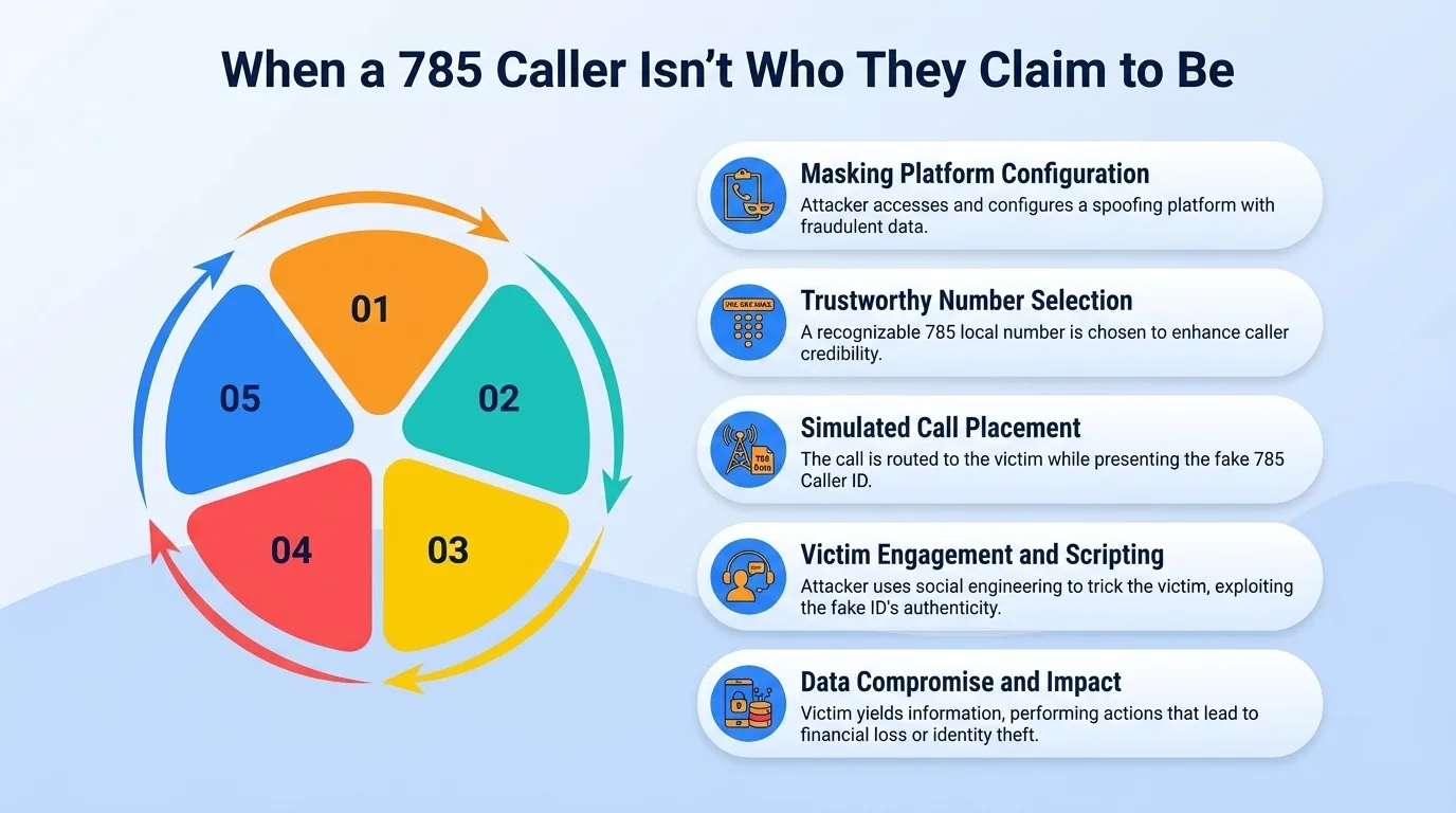 When a 785 caller isn't who they claim to be — masking platform configuration, trustworthy number selection, simulated call placement, victim engagement and scripting, and data compromise and impact