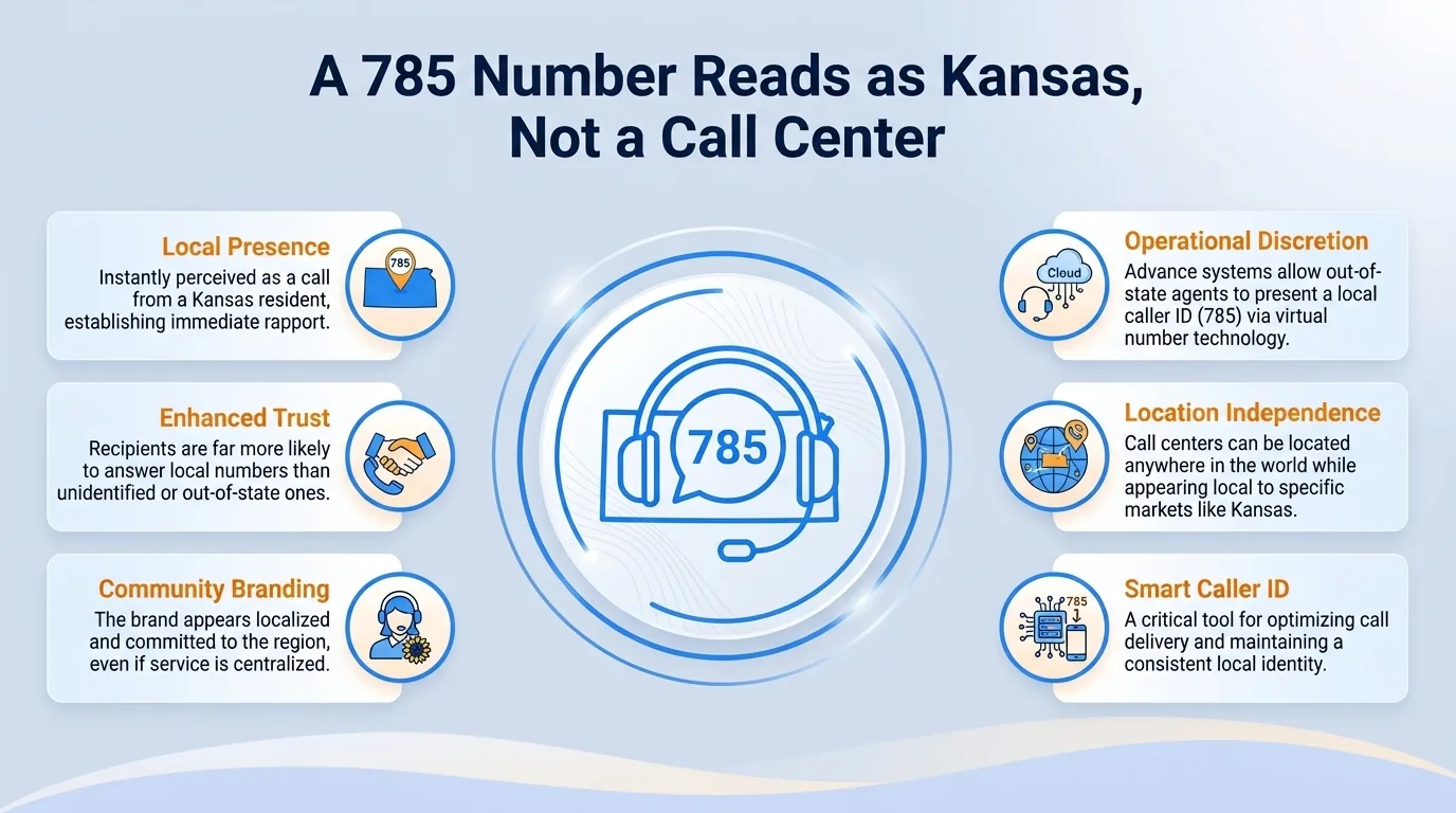 A 785 number reads as Kansas, not a call center — local presence, enhanced trust, community branding, operational discretion, location independence, and smart caller ID