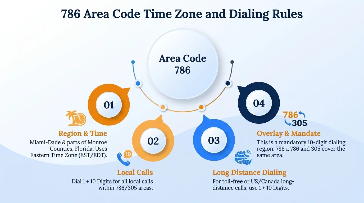 786 area code Eastern Time Zone map with 10-digit dialing format (786) XXX-XXXX