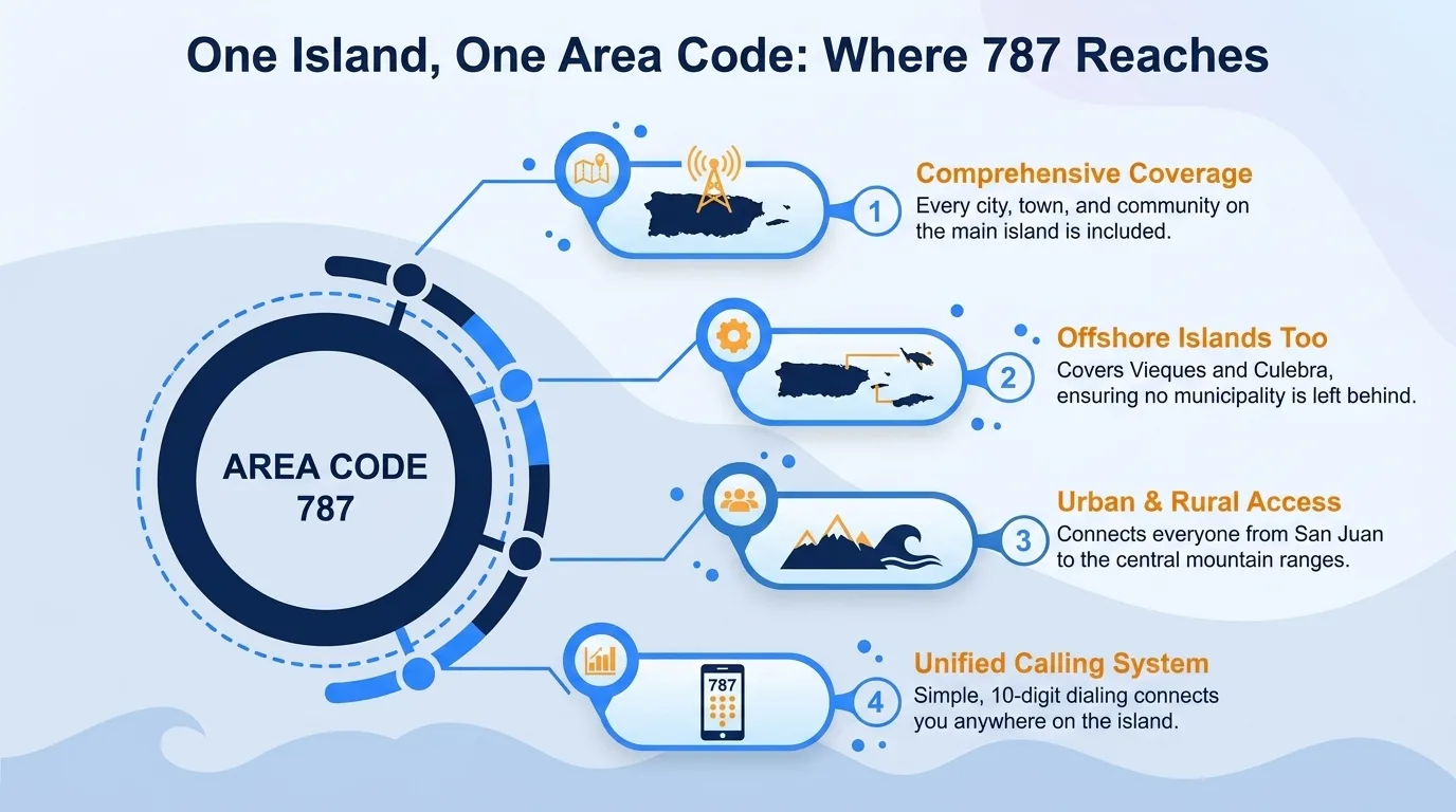 One island, one area code: where 787 reaches — comprehensive coverage, offshore islands too, urban and rural access, and unified calling system