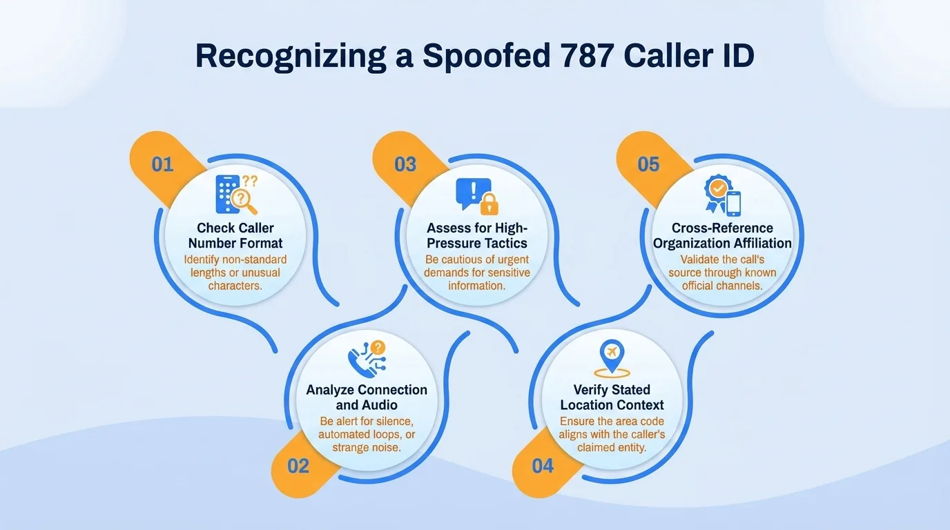 Recognizing a spoofed 787 caller ID — check caller number format, analyze connection and audio, assess for high-pressure tactics, verify stated location context, and cross-reference organization affiliation