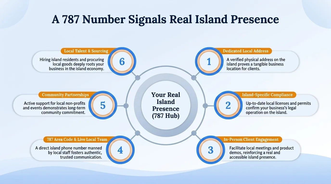 A 787 number signals real island presence — dedicated local address, island-specific compliance, in-person client engagement, 787 area code and live local team, community partnerships, and local talent and sourcing