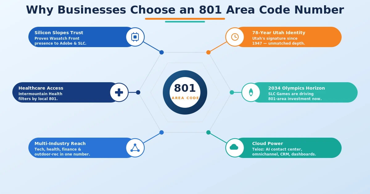 Why businesses choose an 801 Salt Lake City Utah area code for Silicon Slopes healthcare and Wasatch Front market credibility