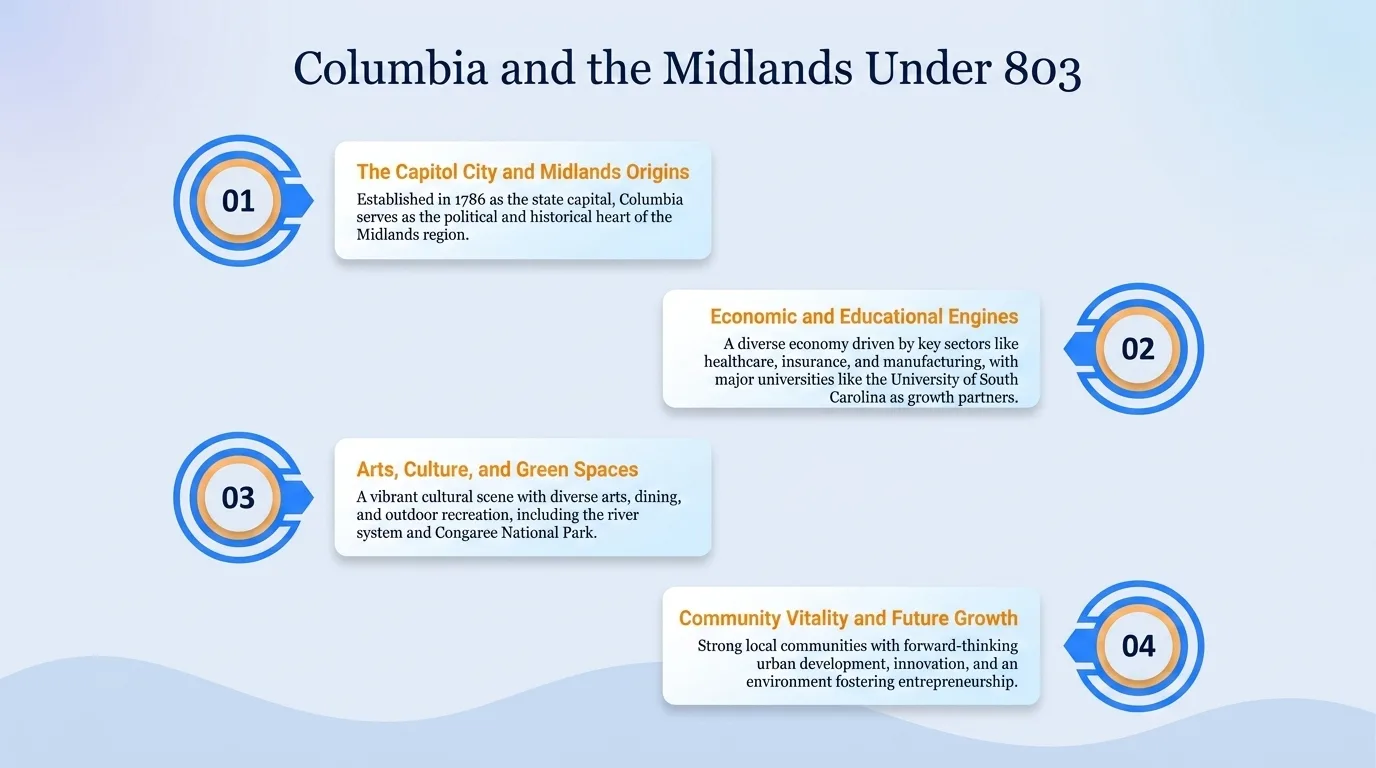 Columbia and the Midlands under 803 — the capitol city and Midlands origins, economic and educational engines, arts, culture, and green spaces, and community vitality and future growth