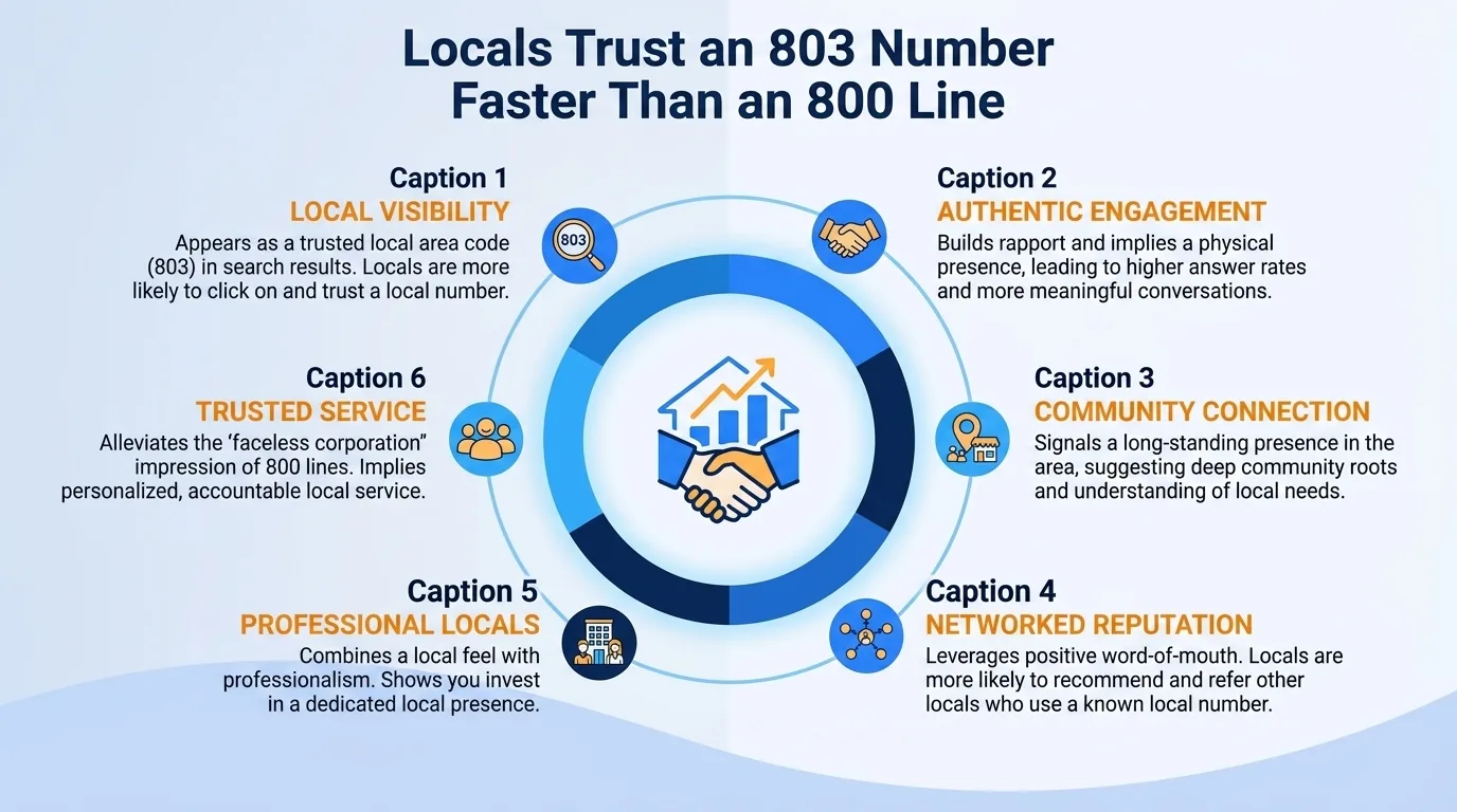 Locals trust an 803 number faster than an 800 line — local visibility, authentic engagement, community connection, networked reputation, professional locals, and trusted service