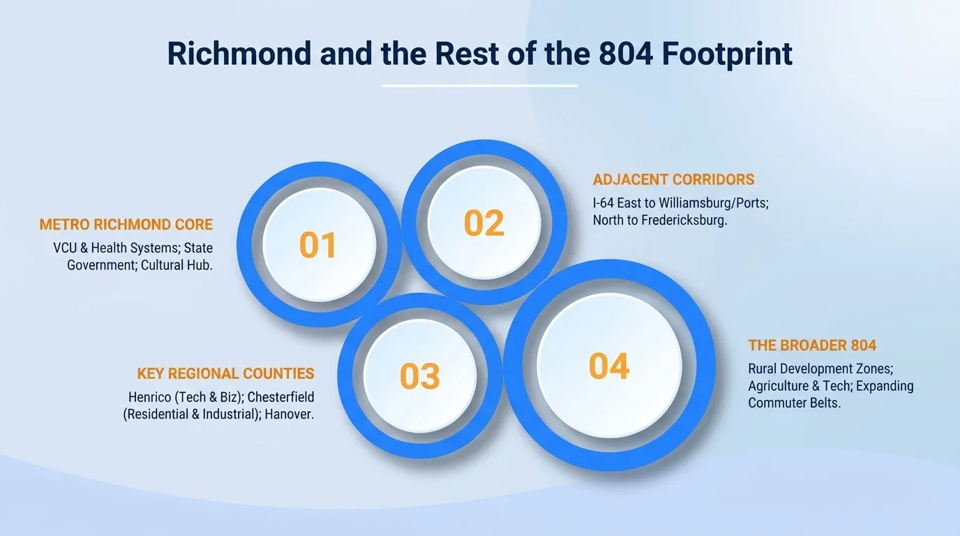 Richmond and the rest of the 804 footprint — metro Richmond core, adjacent corridors, key regional counties, and the broader 804