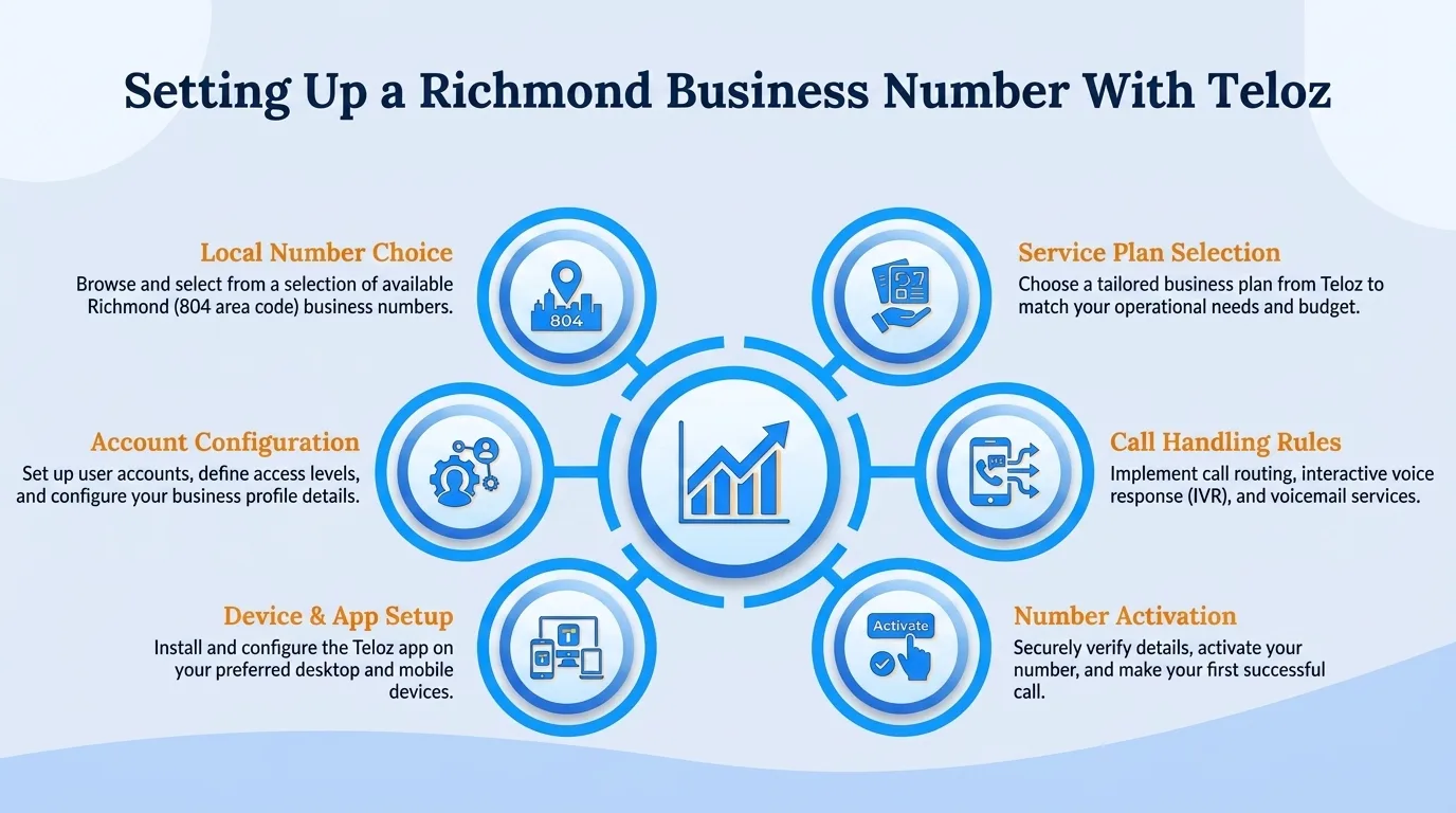 Setting up a Richmond business number with Teloz — local number choice, service plan selection, account configuration, call handling rules, device and app setup, and number activation