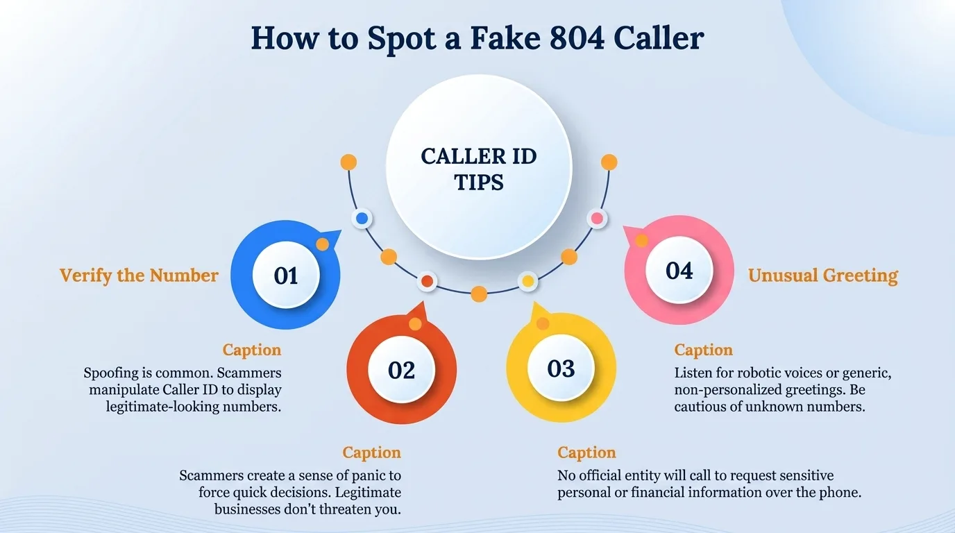 How to spot a fake 804 caller — verify the number, sense of urgency, requests for personal information, and unusual greeting