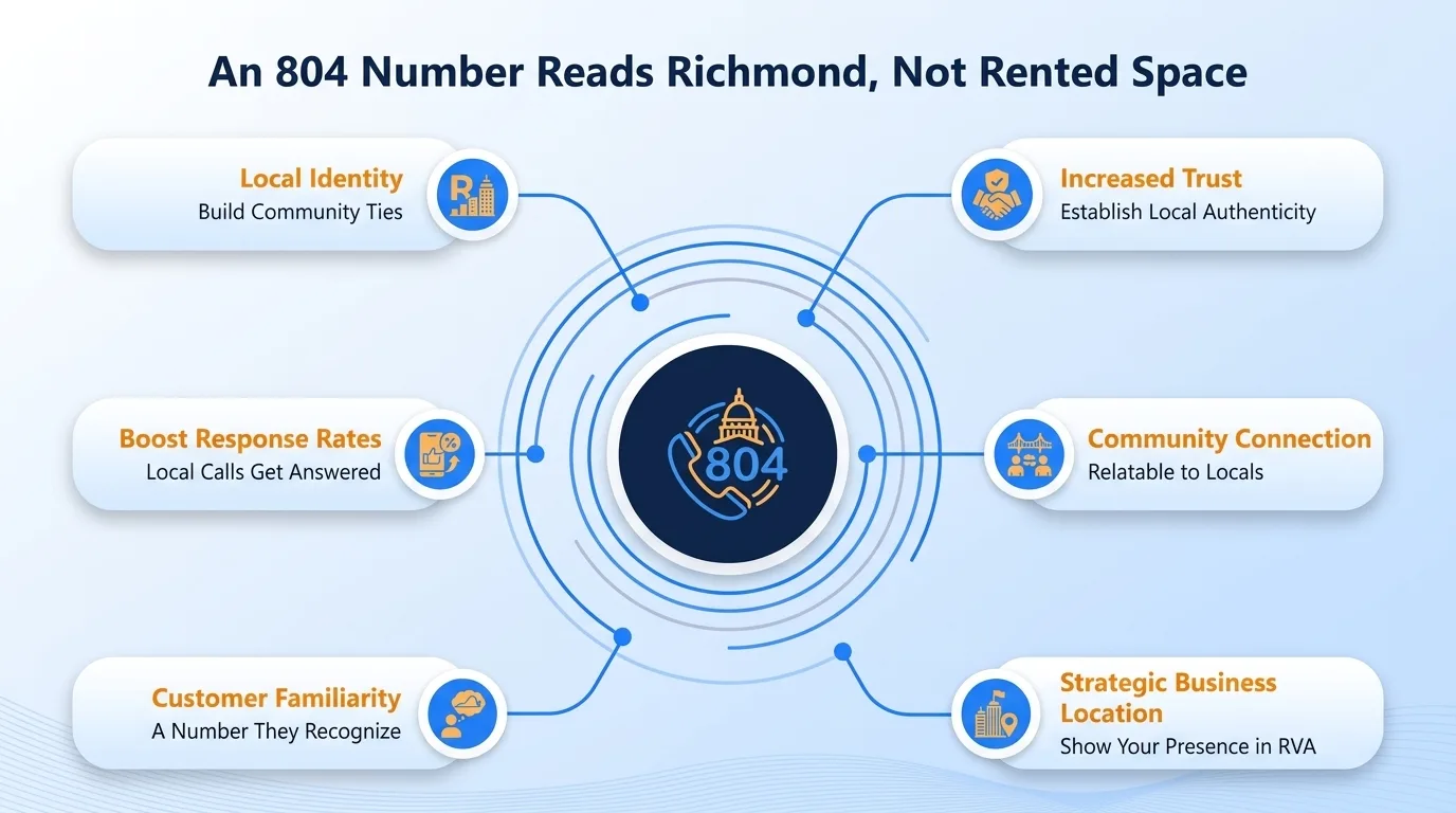 An 804 number reads Richmond, not rented space — local identity, increased trust, boost response rates, community connection, customer familiarity, and strategic business location