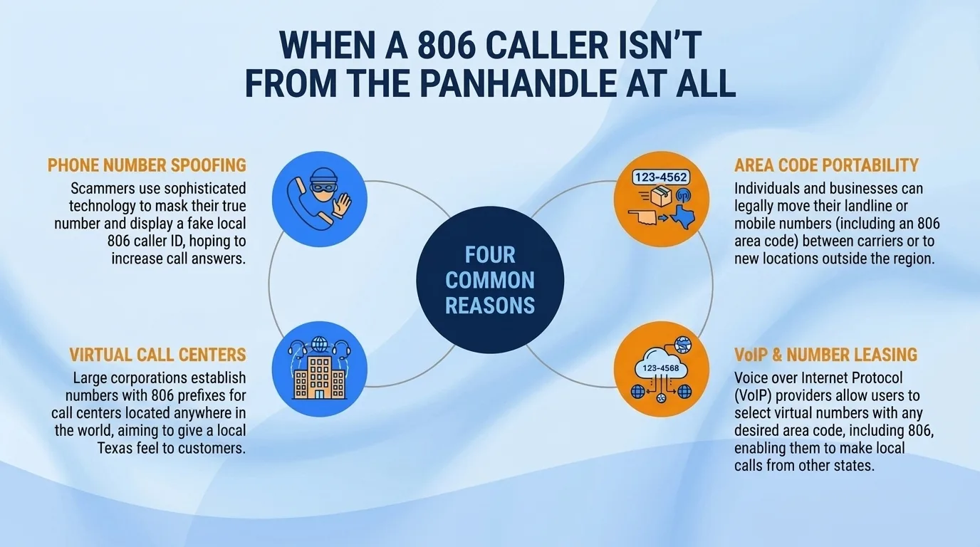 When a 806 caller isn't from the Panhandle at all — phone number spoofing, area code portability, virtual call centers, and VoIP and number leasing