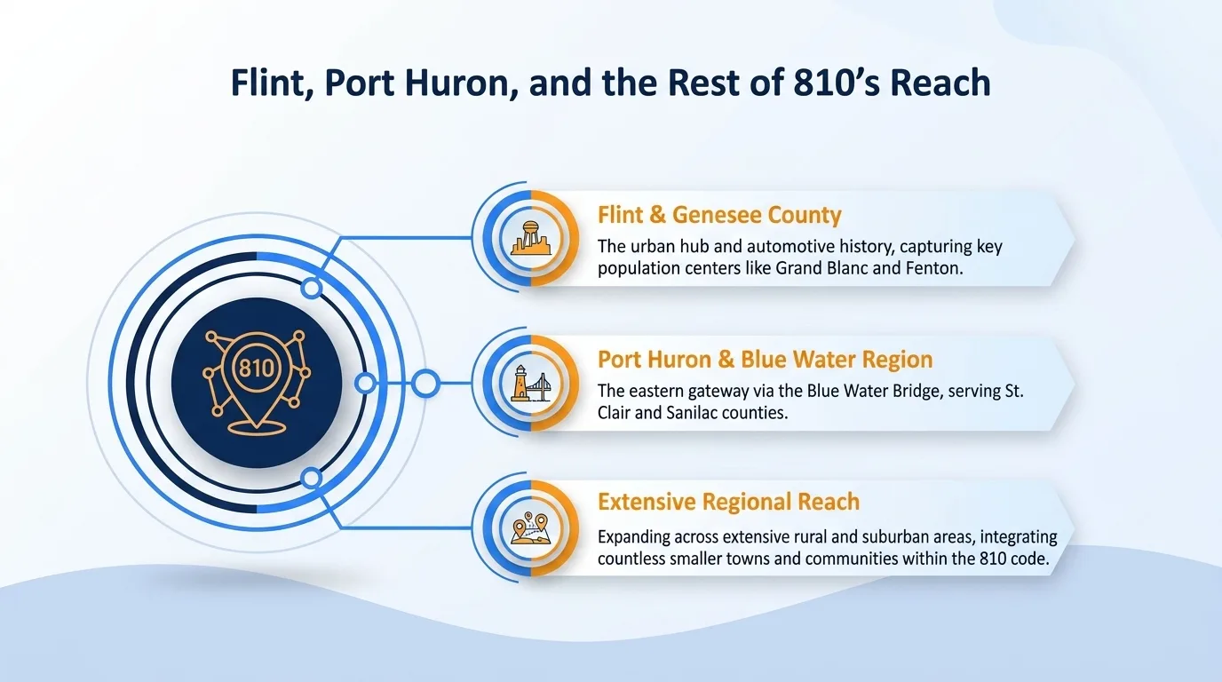 Flint, Port Huron, and the rest of 810's reach — Flint and Genesee County, Port Huron and Blue Water region, and extensive regional reach