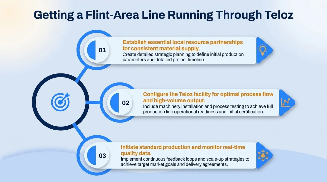 Getting a Flint-area line running through Teloz — establish local resource partnerships, configure the Teloz facility for optimal process flow, and initiate standard production and monitor real-time quality data
