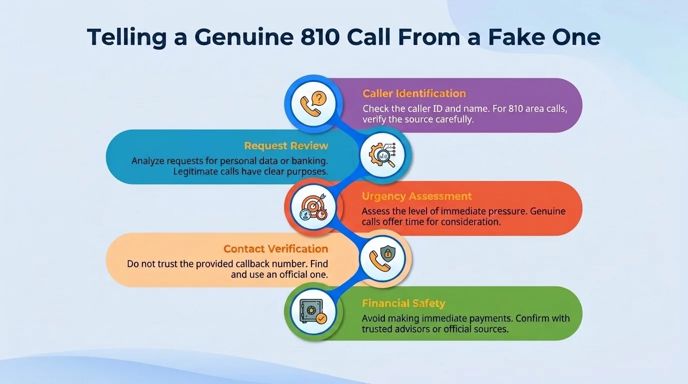 Telling a genuine 810 call from a fake one — caller identification, request review, urgency assessment, contact verification, and financial safety