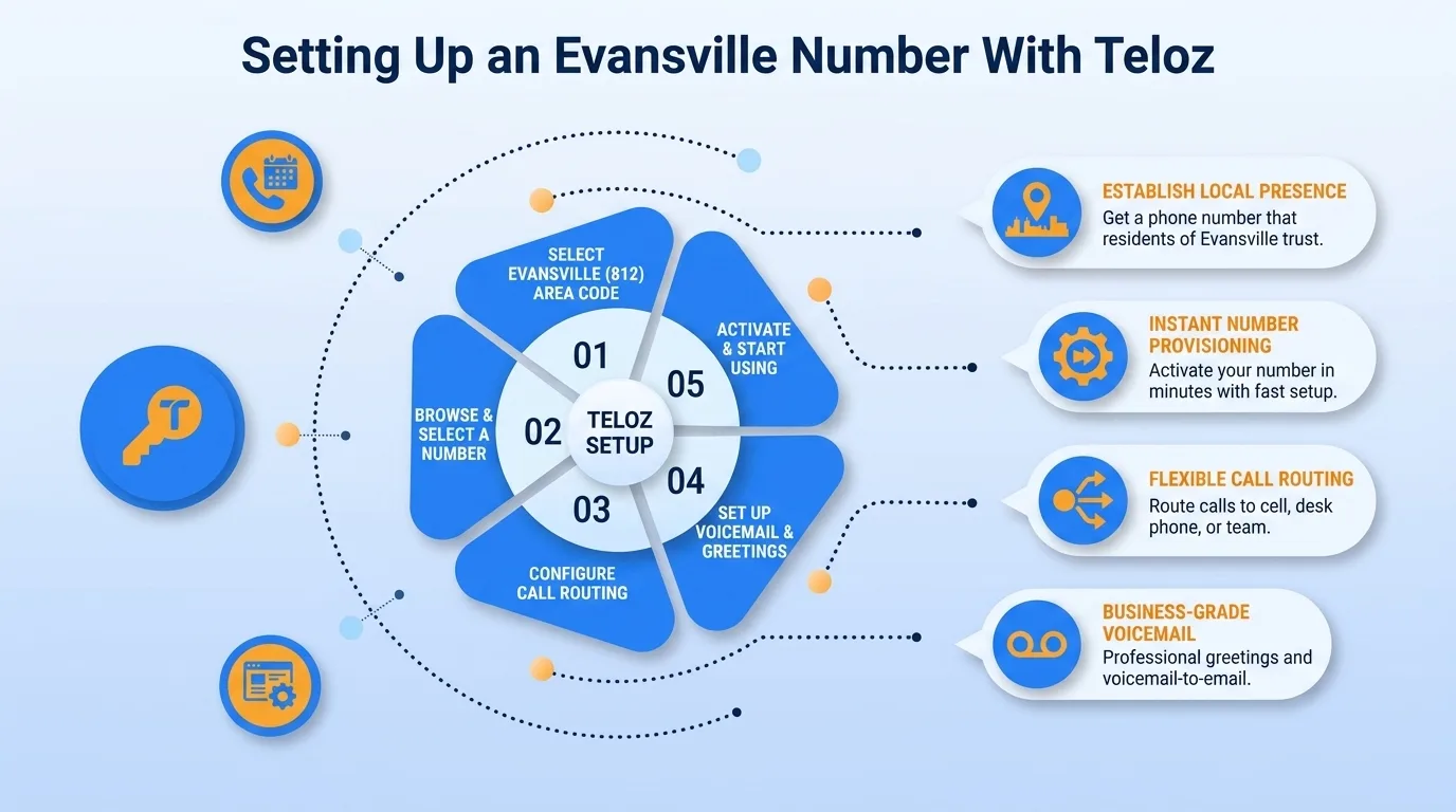 Setting up an Evansville number with Teloz — select the 812 area code, browse and select a number, configure call routing, set up voicemail and greetings, then activate and start using