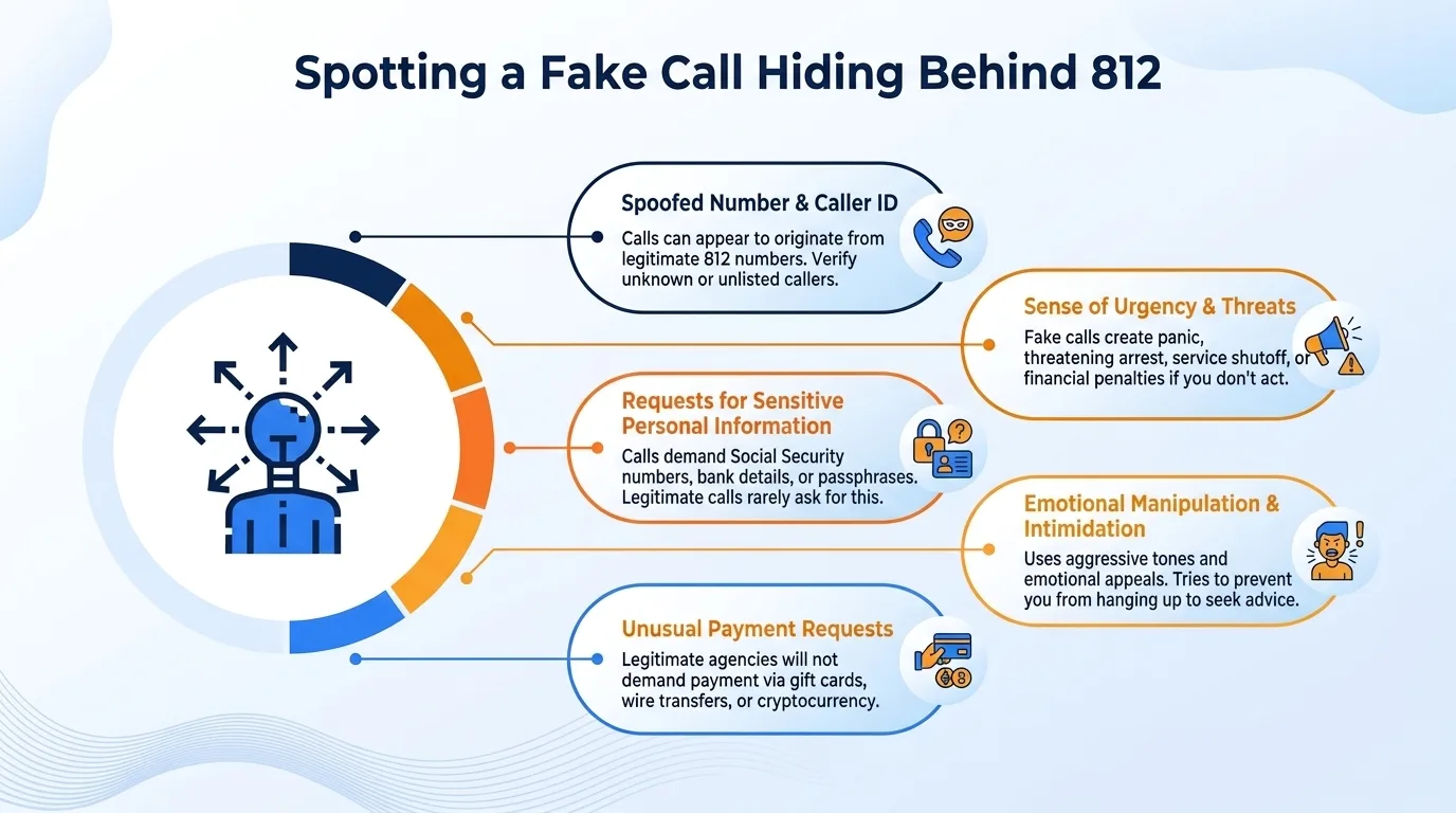Spotting a fake call hiding behind 812 — spoofed number and caller ID, requests for sensitive personal information, sense of urgency and threats, emotional manipulation, and unusual payment requests