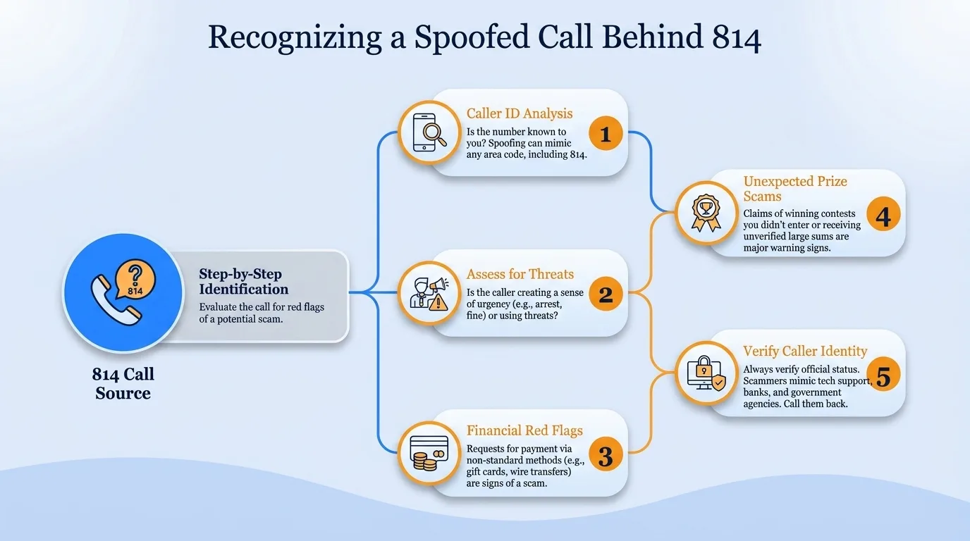 Recognizing a spoofed call behind 814 — caller ID analysis, threat assessment, financial red flags, prize scams, and caller identity verification