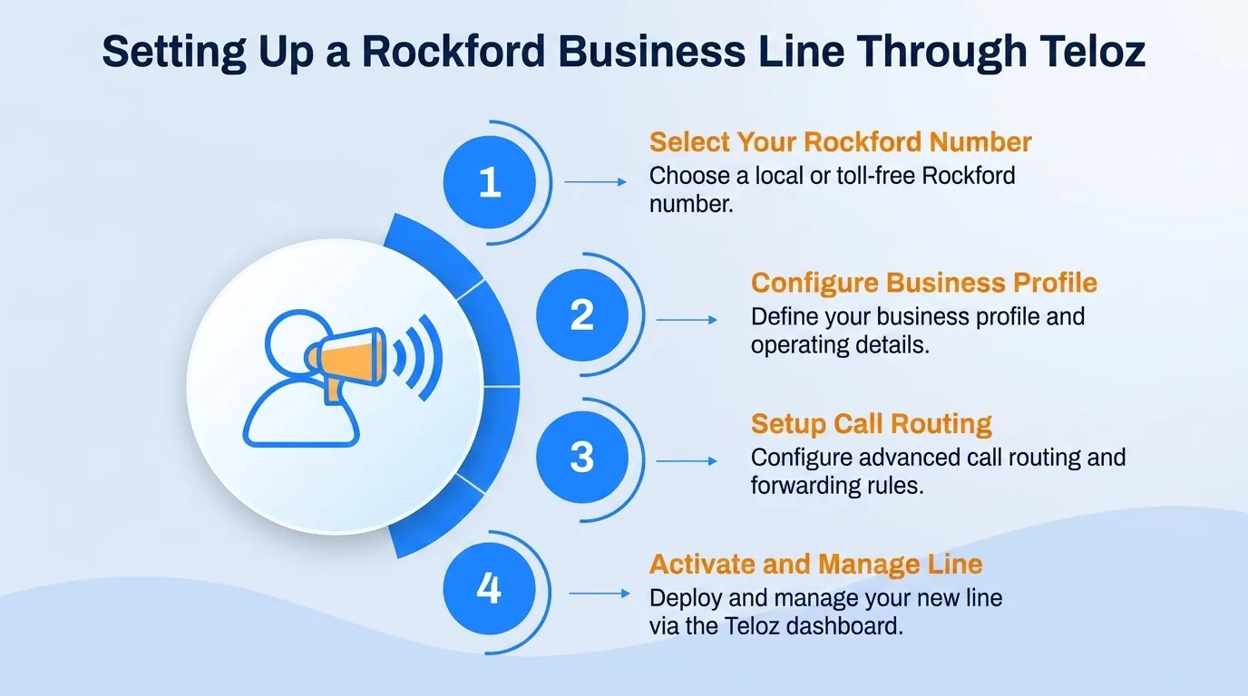 Setting up a Rockford business line through Teloz — select your number, configure business profile, set up call routing, and activate and manage the line