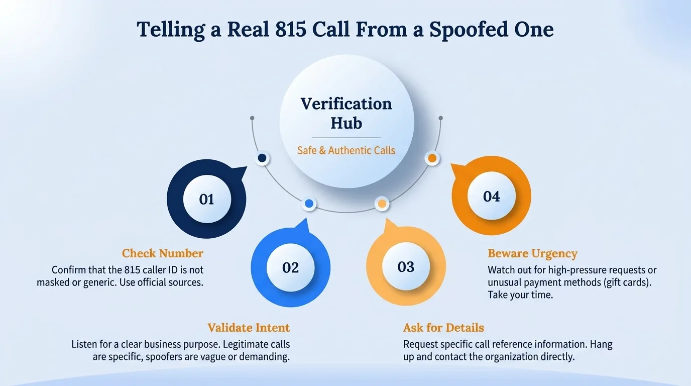Telling a real 815 call from a spoofed one — check the number, validate intent, ask for details, and beware of urgency