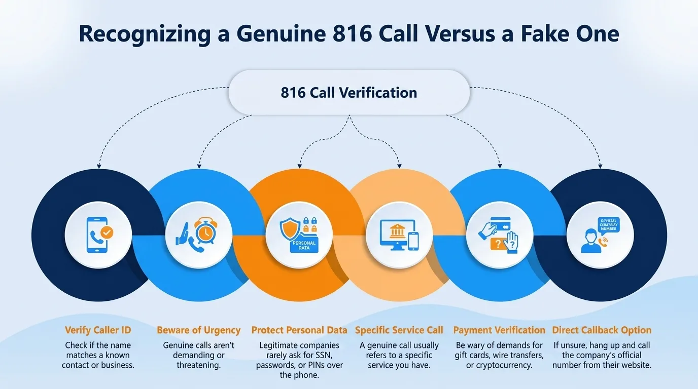 Recognizing a genuine 816 call versus a fake one — verify caller ID, beware of urgency, protect personal data, specific service call, payment verification, and direct callback option
