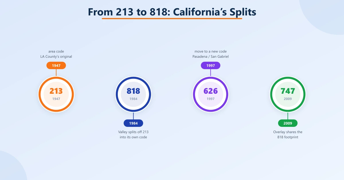 Timeline of Los Angeles area-code splits — 213 (1947), 818 (1984), 626 (1997), and the 747 overlay (2009)