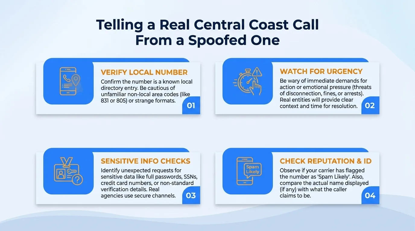Telling a real Central Coast call from a spoofed one — verify local number, watch for urgency, sensitive info checks, and check reputation and ID