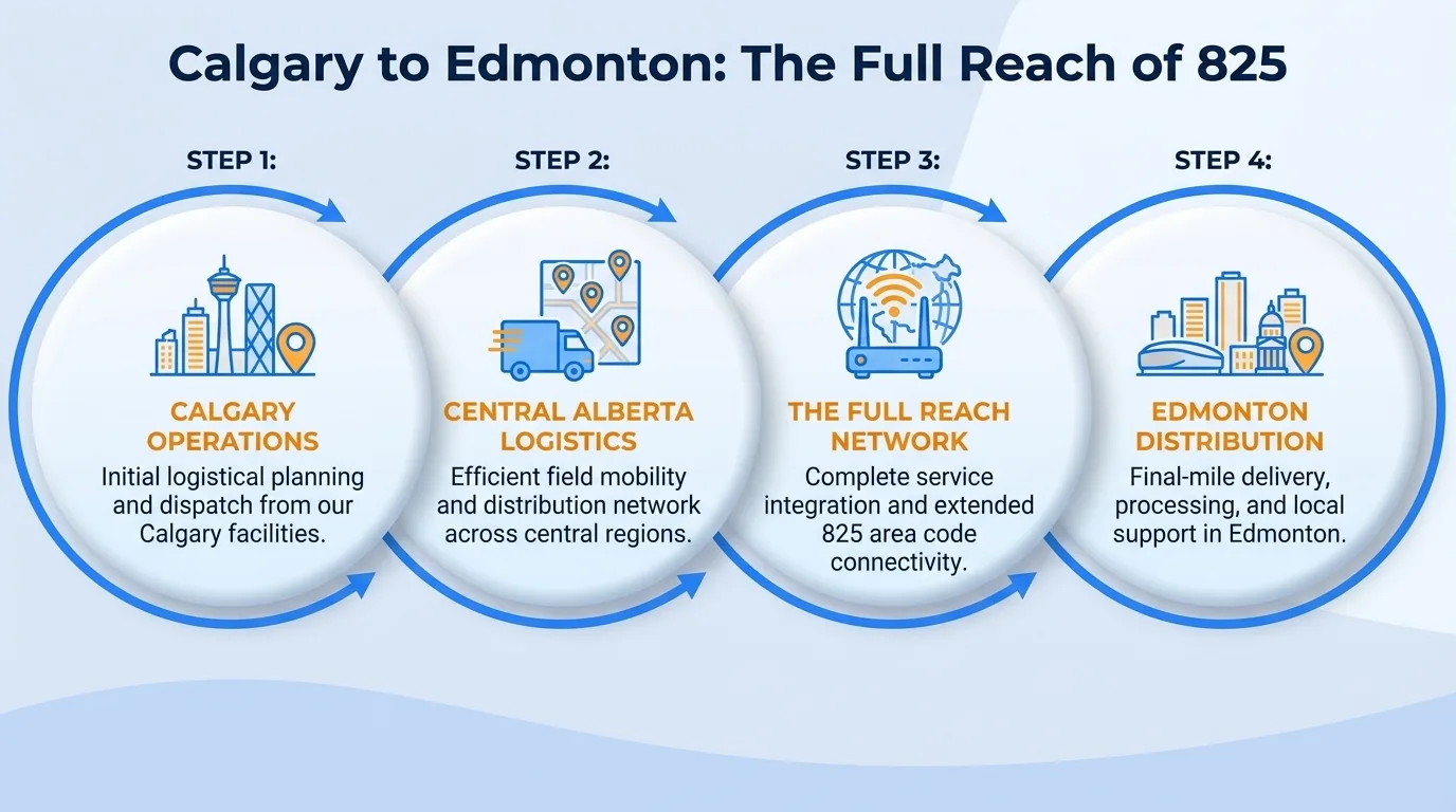 Calgary to Edmonton — the full reach of the 825 area code across Alberta operations, logistics, and distribution