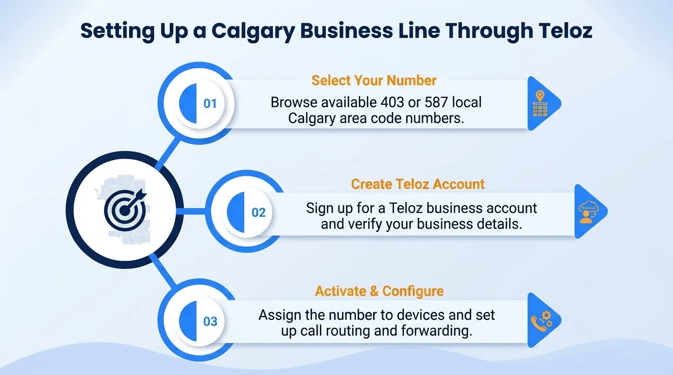 Setting up a Calgary business line through Teloz — select your number, create your account, and activate and configure