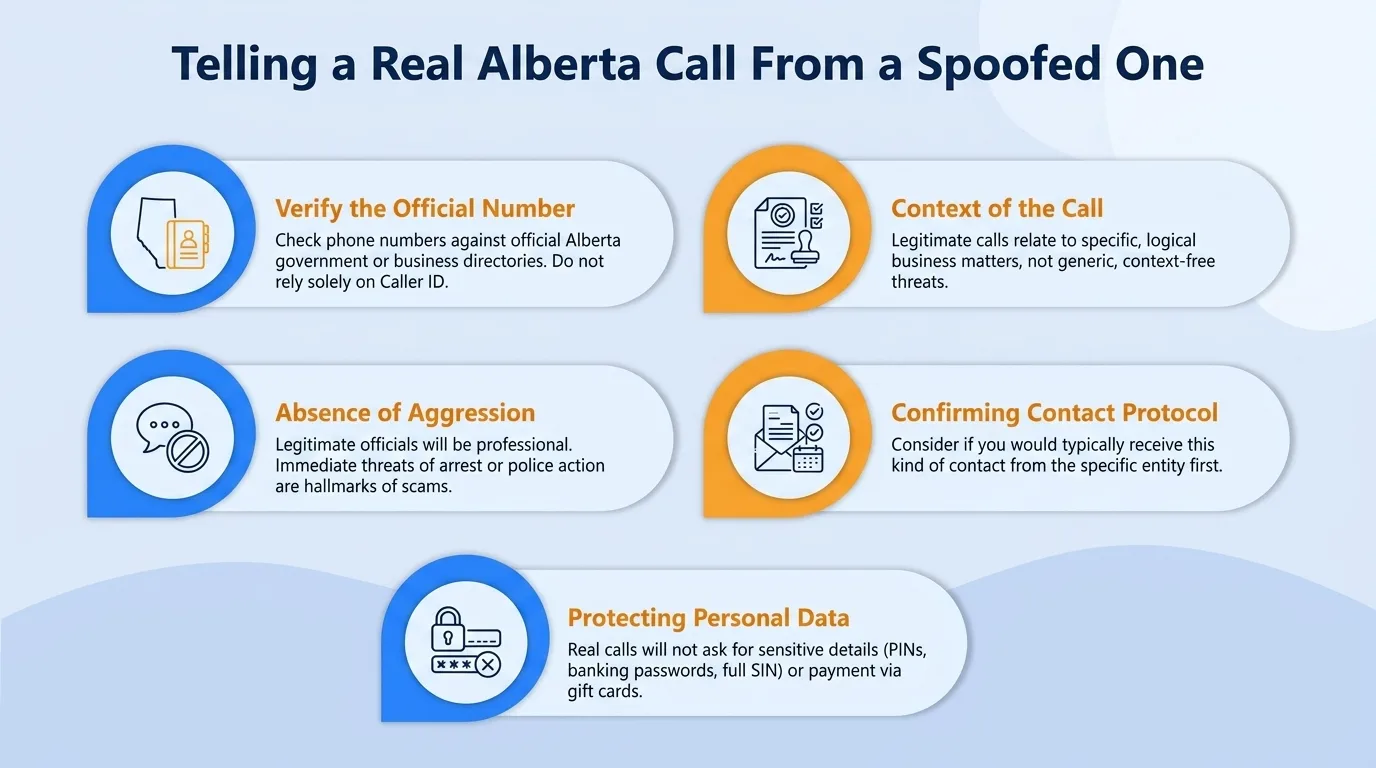 Telling a real Alberta call from a spoofed one — verify the official number, context of the call, absence of aggression, confirming contact protocol, and protecting personal data