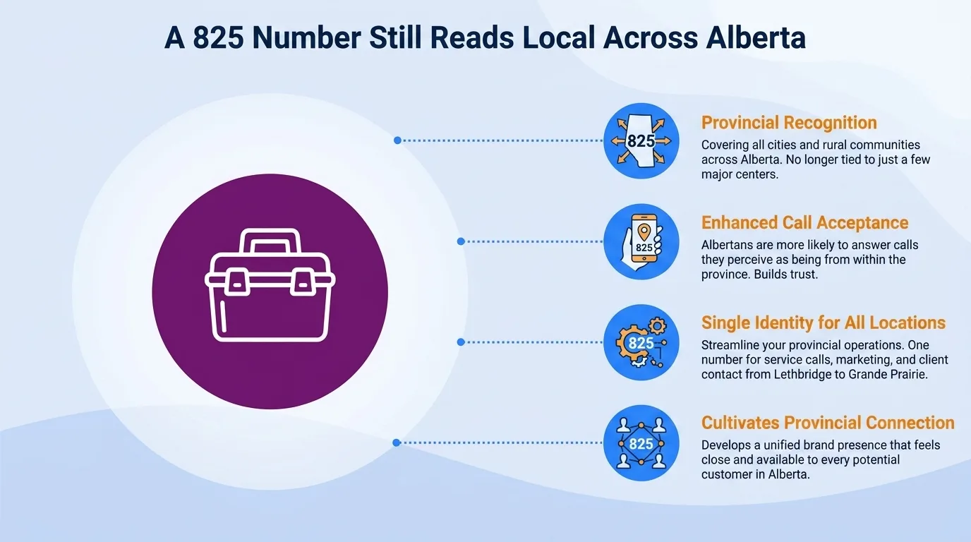 A 825 number still reads local across Alberta — provincial recognition, enhanced call acceptance, single identity for all locations, and cultivates provincial connection