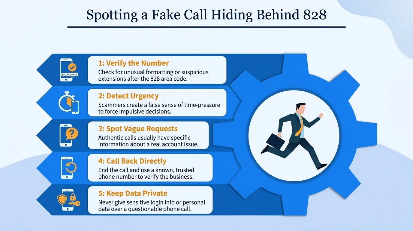 Spotting a fake call hiding behind 828 — verify the number, detect urgency, spot vague requests, call back directly, and keep data private