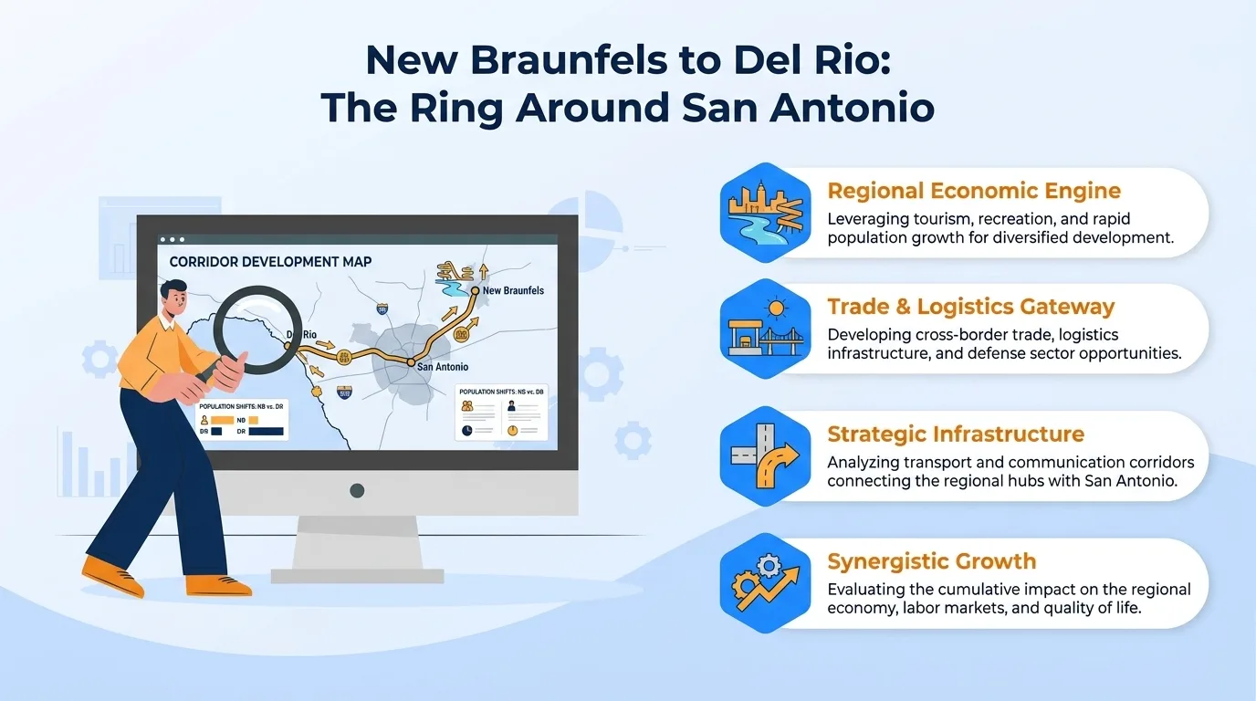 New Braunfels to Del Rio — the ring around San Antonio covering the regional economic engine, trade and logistics gateway, and strategic infrastructure