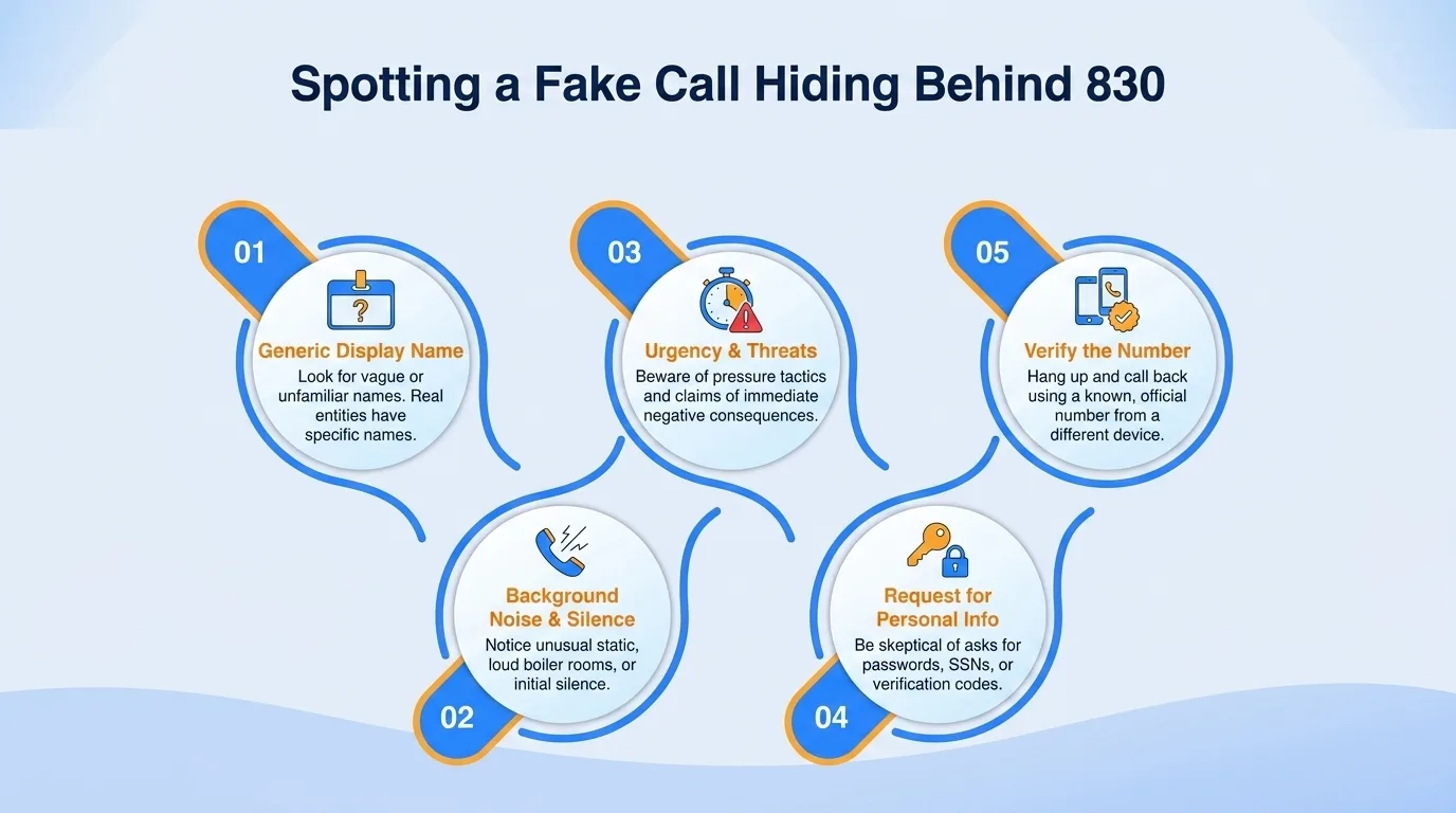 Spotting a fake call hiding behind 830 — generic display name, background noise, urgency and threats, request for personal info, and verify the number
