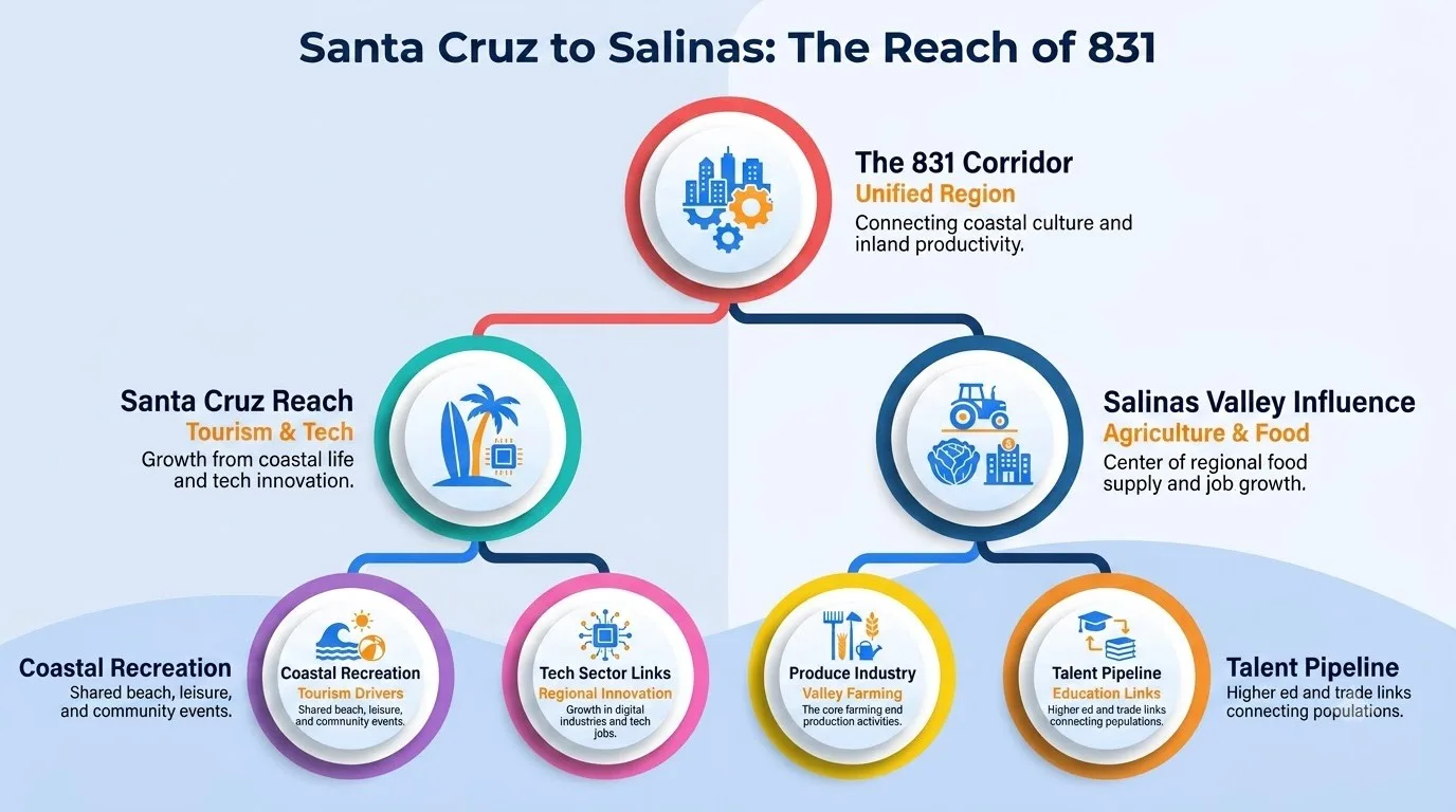 Santa Cruz to Salinas — the reach of 831 across the unified region, Santa Cruz tourism and tech, and Salinas Valley agriculture and food
