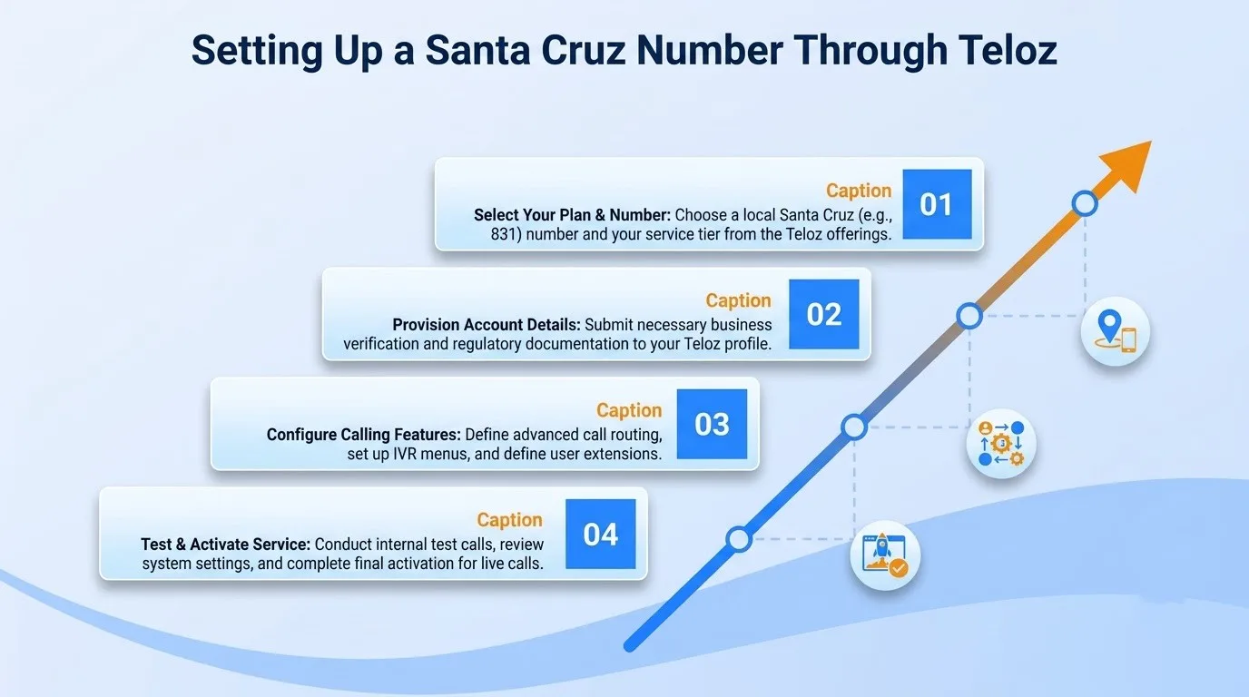 Setting up a Santa Cruz number through Teloz — select your plan and number, provision account details, configure calling features, and test and activate service