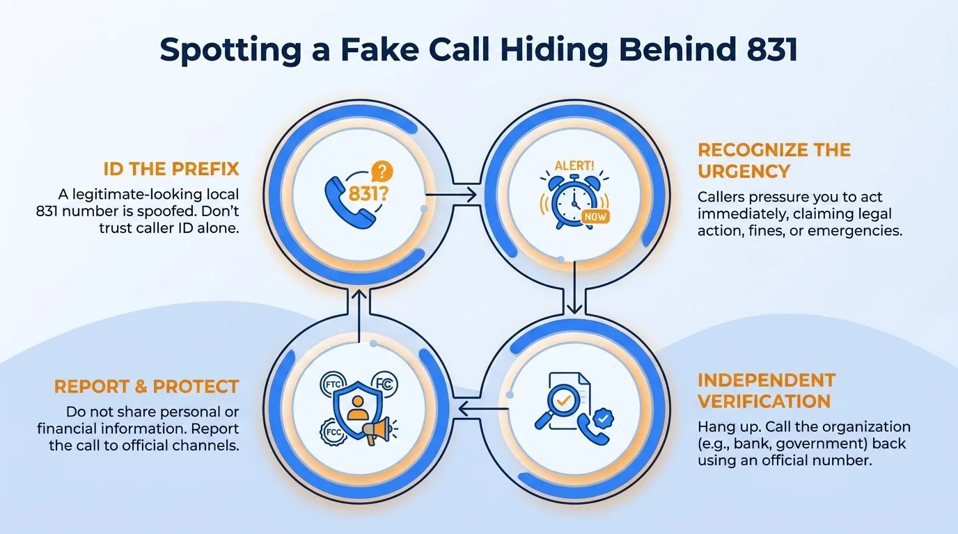 Spotting a fake call hiding behind 831 — ID the prefix, recognize the urgency, independent verification, and report and protect