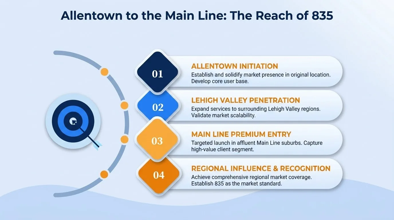 Allentown to the Main Line — the reach of 835 across Allentown, the Lehigh Valley, the Main Line, and regional influence