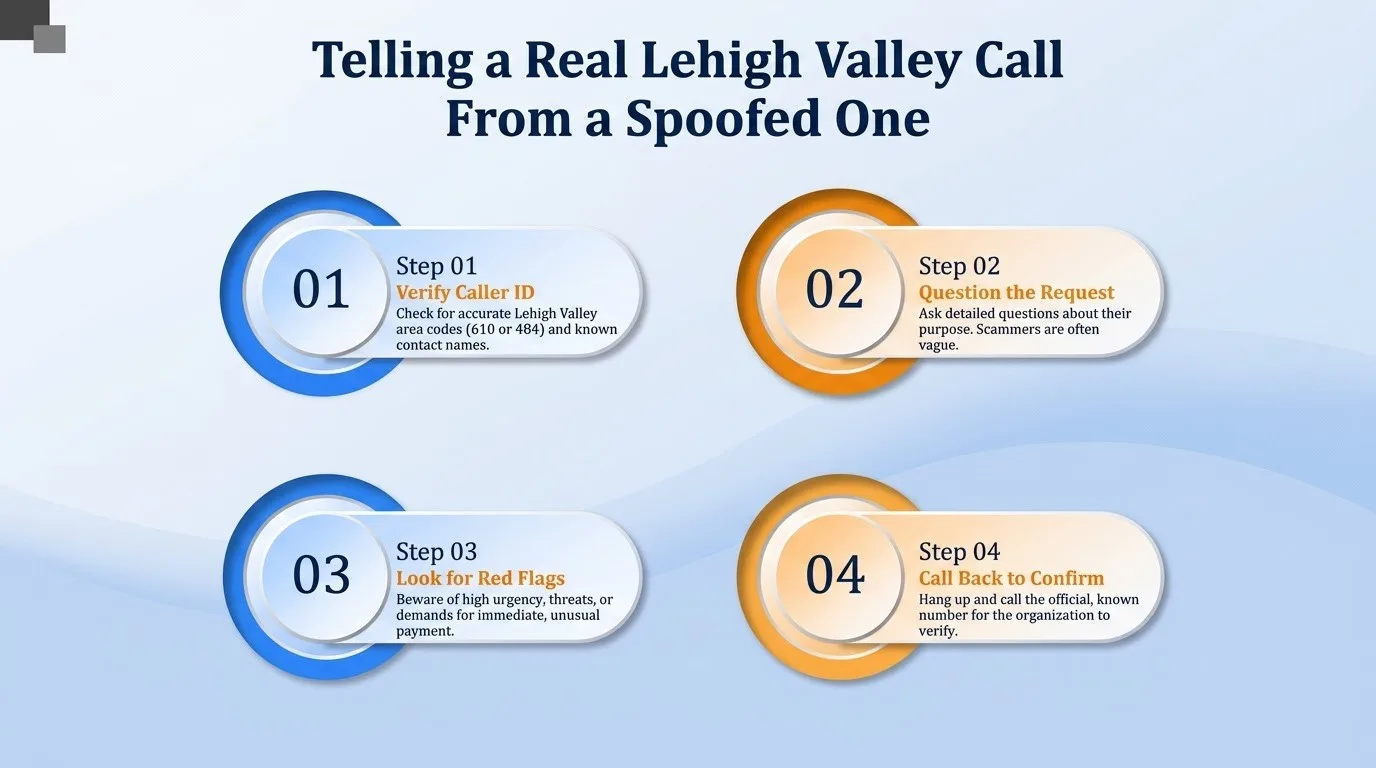 Telling a real Lehigh Valley call from a spoofed one — verify caller ID, question the request, look for red flags, and call back to confirm
