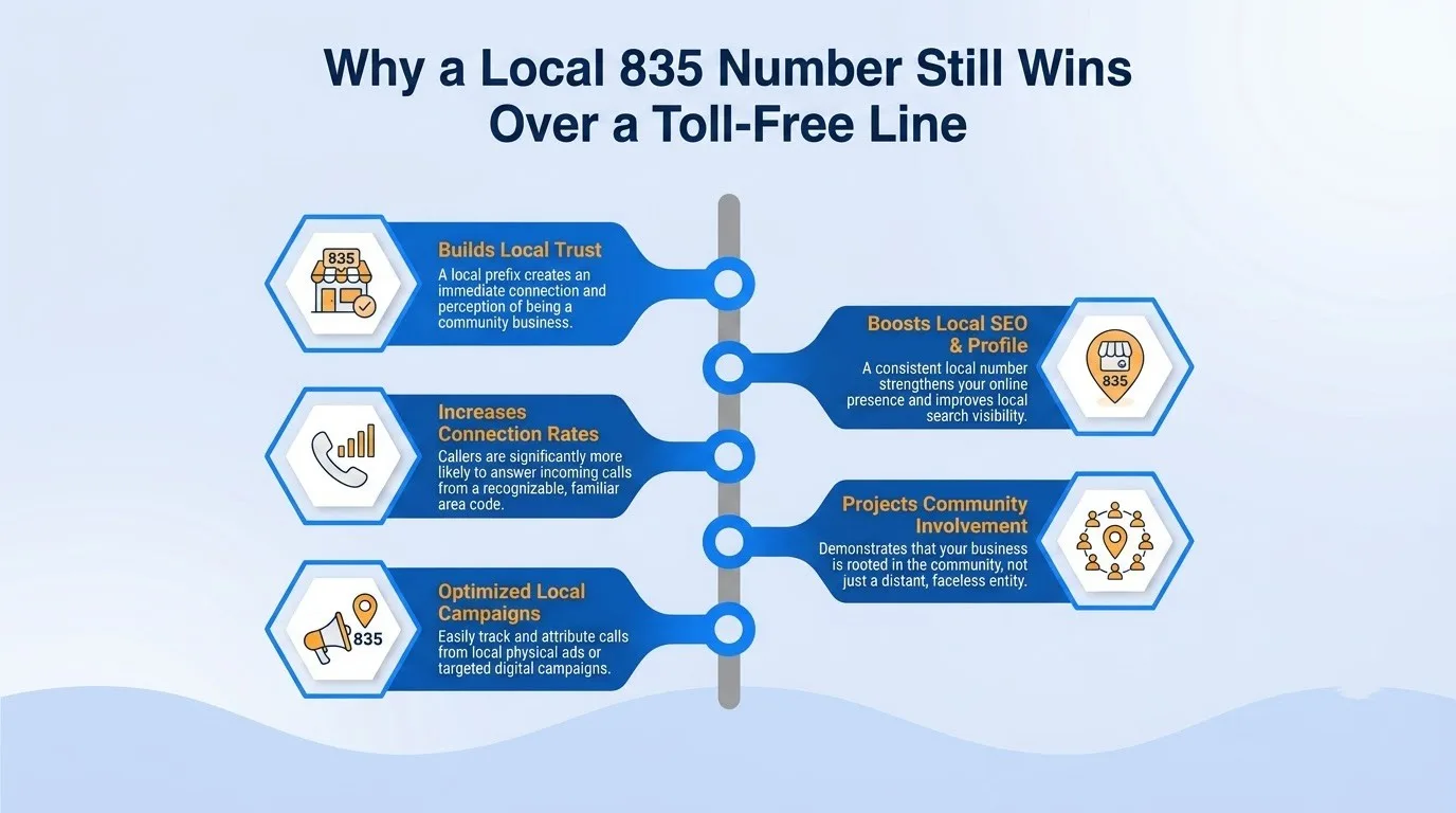 Why a local 835 number still wins over a toll-free line — builds local trust, increases connection rates, optimized local campaigns, boosts local SEO, and projects community involvement