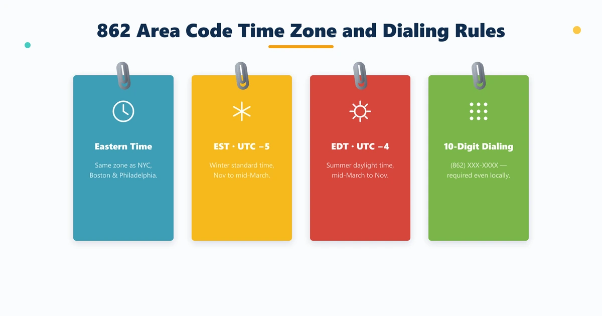 862 area code time zone — Eastern Time UTC minus 5 EST and UTC minus 4 EDT with 10-digit dialing required