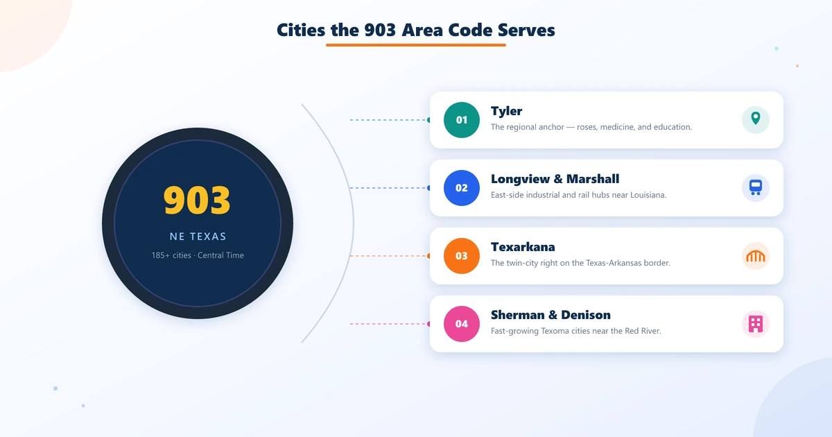 903 area code map covering northeast Texas including Tyler, Longview, and Texarkana
