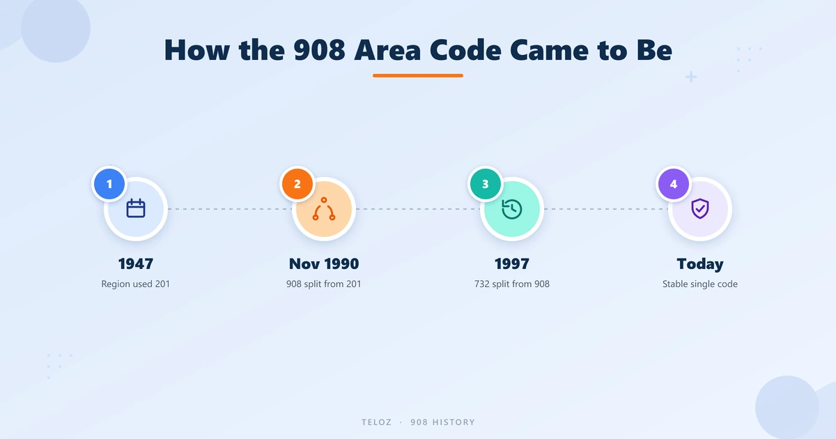 Timeline of the 908 area code history — 1947, 1990 split from 201, 1997, today